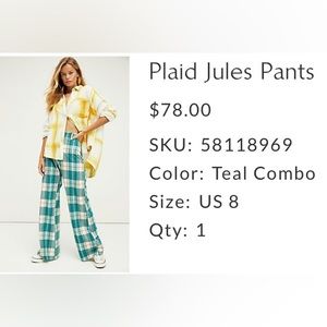Free People | Plaid Jules Pants, Teal Combo Size 8 EUC